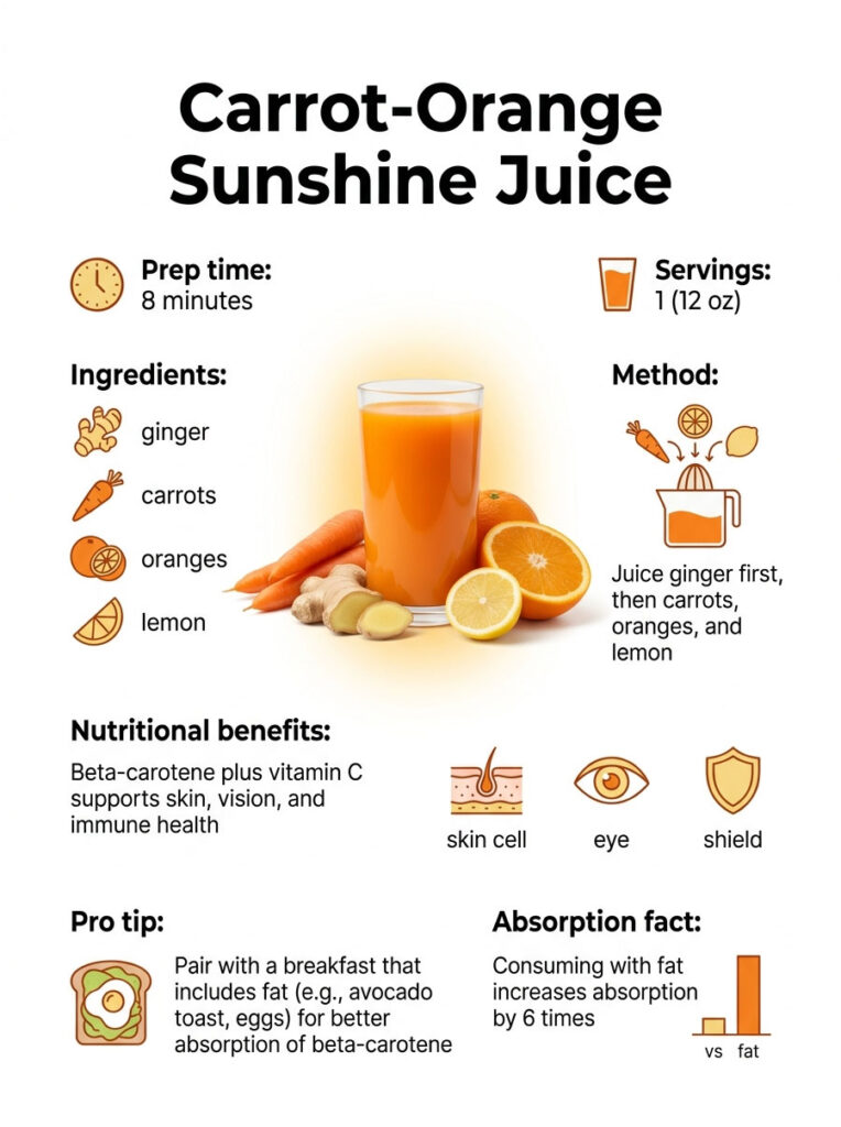 Infographic showing Carrot-Orange Sunshine Juice recipe with ingredients, benefits, and preparation method.