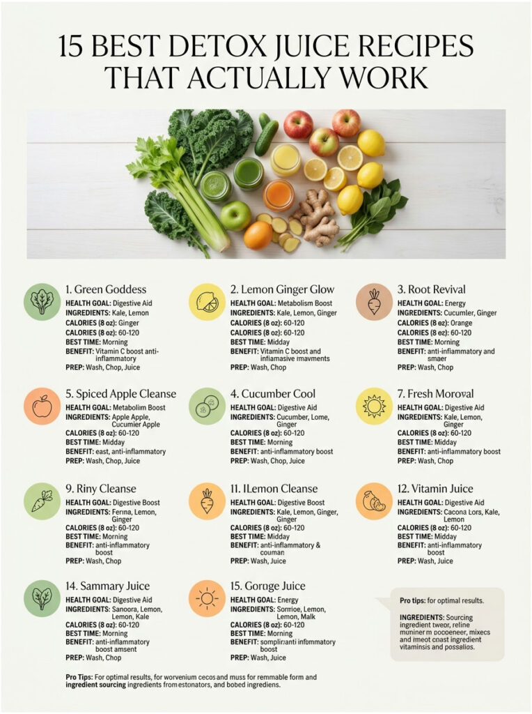 Infographic displaying 15 detox juice recipes with ingredients, health goals, and preparation tips.