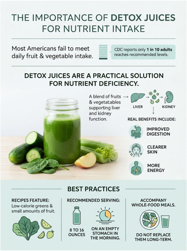 Infographic showing detox juices benefits, including improved digestion, clearer skin, and more energy.