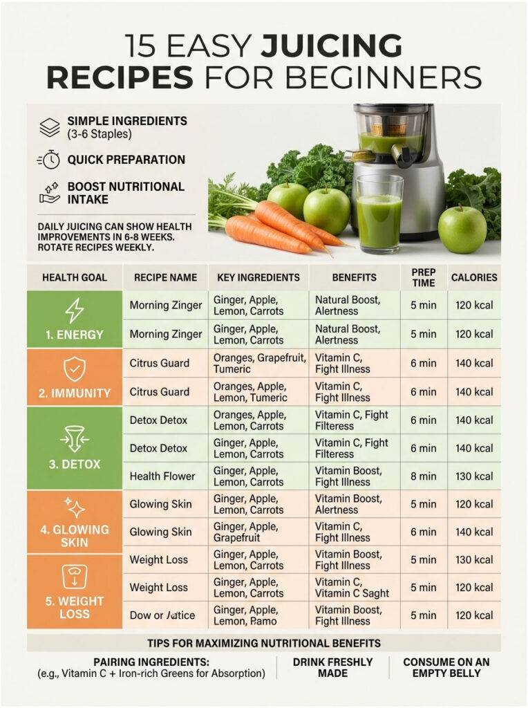 Infographic displaying 15 easy juicing recipes for beginners with health goals, ingredients, benefits, prep time, and calories.