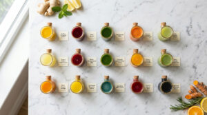 A variety of colorful juice shots in glass bottles on a marble surface with ginger and lemon slices nearby.