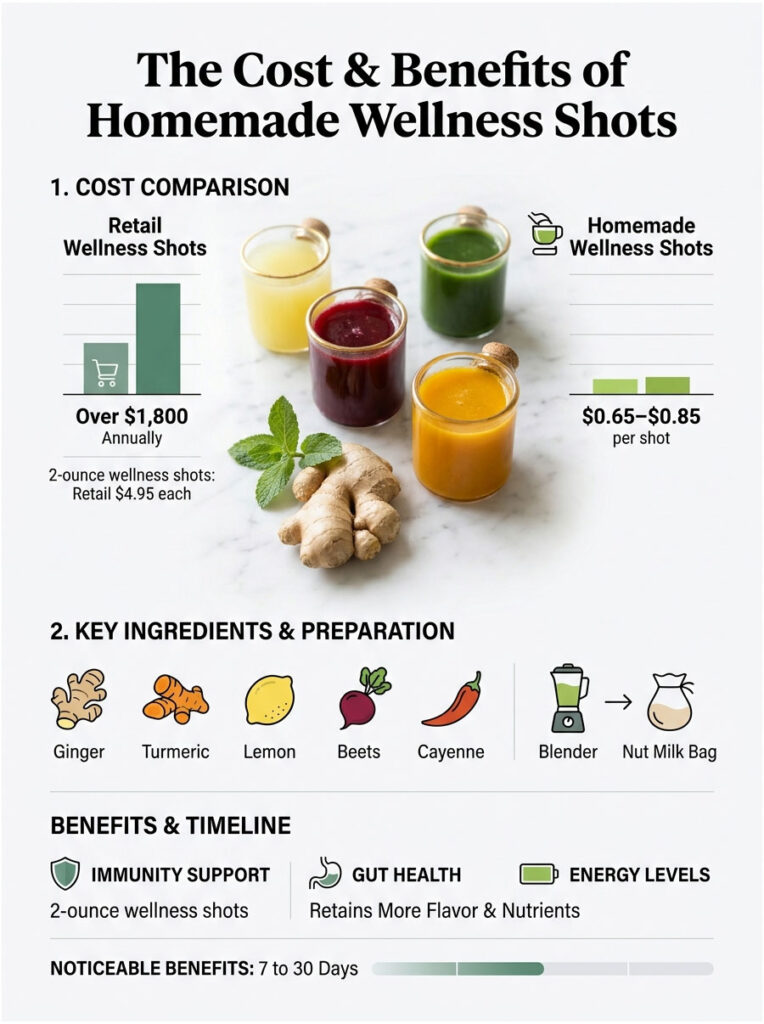 Infographic comparing costs and benefits of homemade wellness shots with ingredients and preparation steps.
