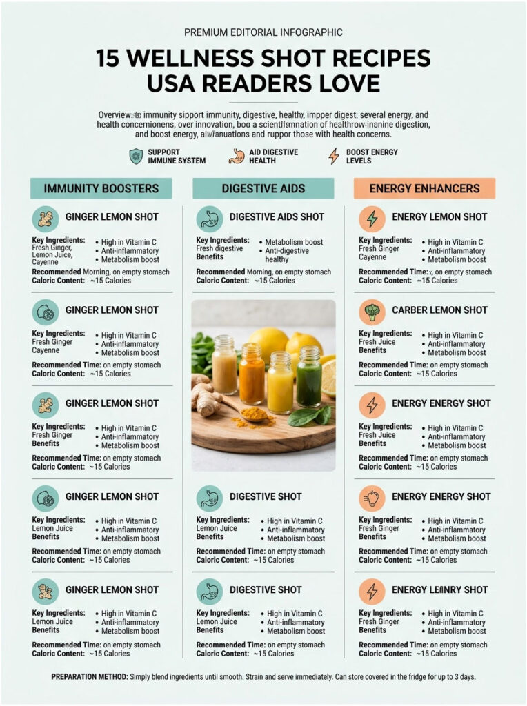 Infographic displaying 15 wellness shot recipes with ingredients, benefits, and calorie content for each shot.