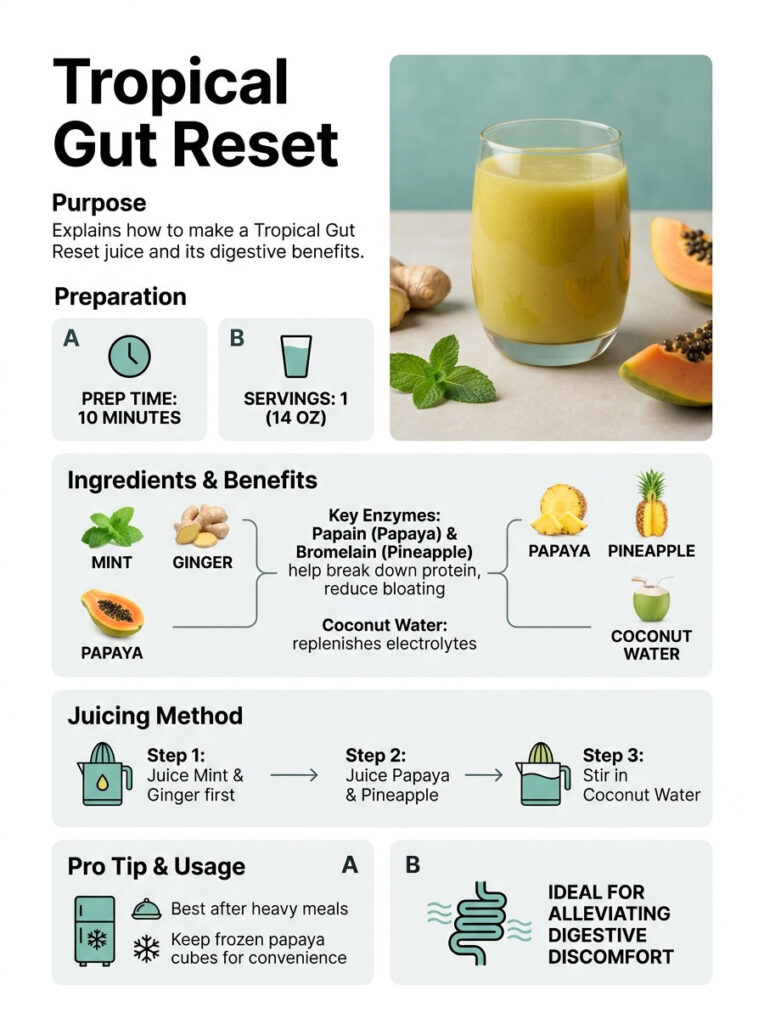 Infographic detailing Tropical Gut Reset juice recipe with ingredients, benefits, and juicing steps.