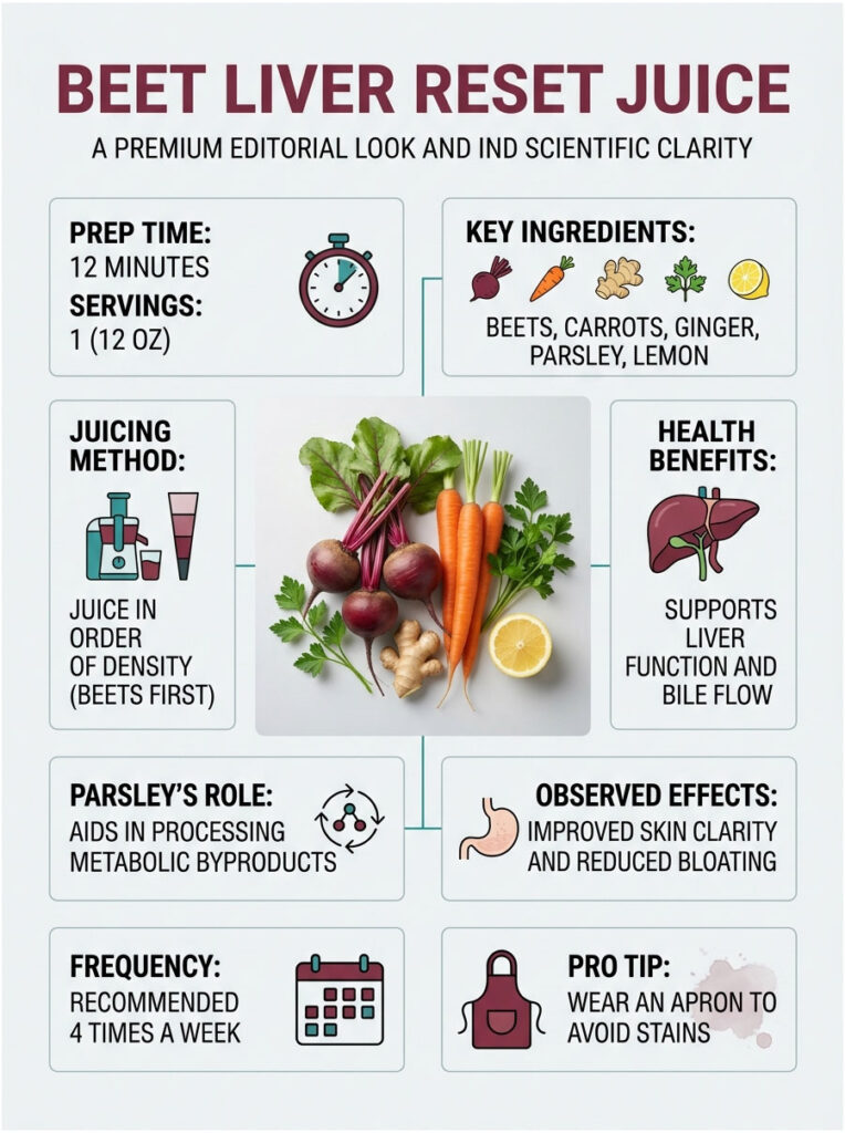 Infographic showing Beet Liver Reset Juice recipe, ingredients, health benefits, and juicing method.
