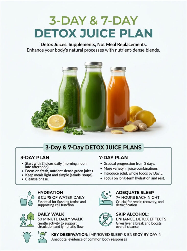 Infographic showing a 3-day and 7-day detox juice plan with green juices, hydration tips, and key observations.
