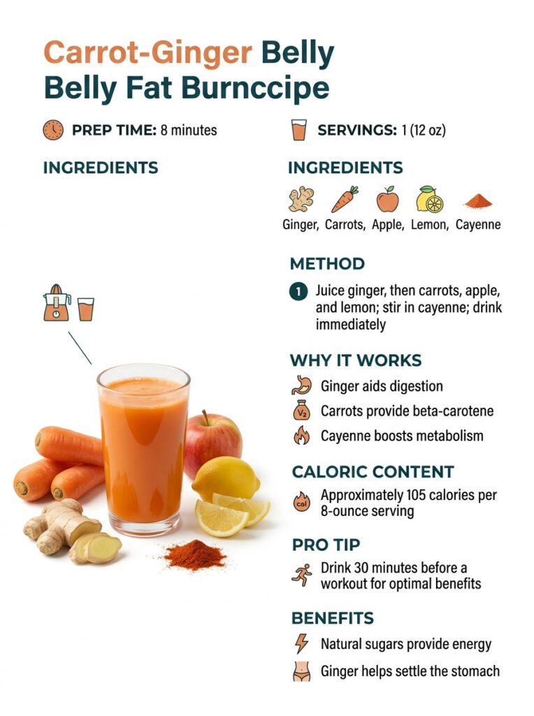 Carrot-ginger belly fat burn recipe with ingredients, method, benefits, and caloric content in infographic format.