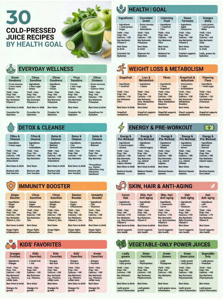 Infographic displaying 30 cold-pressed juice recipes categorized by health goals, including ingredients and benefits.