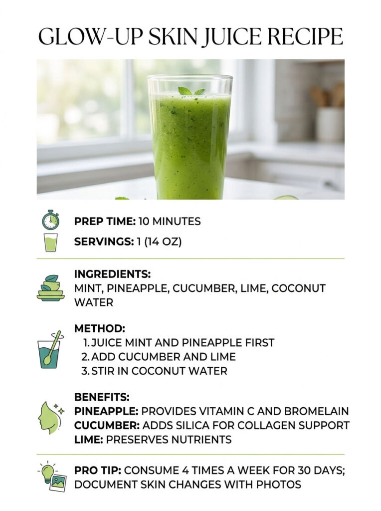 Green juice recipe for skin health with ingredients, method, benefits, and a pro tip for consumption. Infographic.