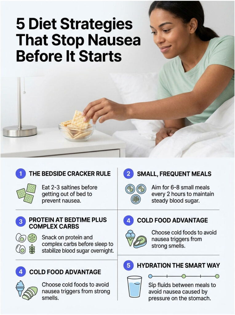Woman eats crackers from a bowl, illustrating 5 diet strategies to prevent nausea with text and icons. Infographic.