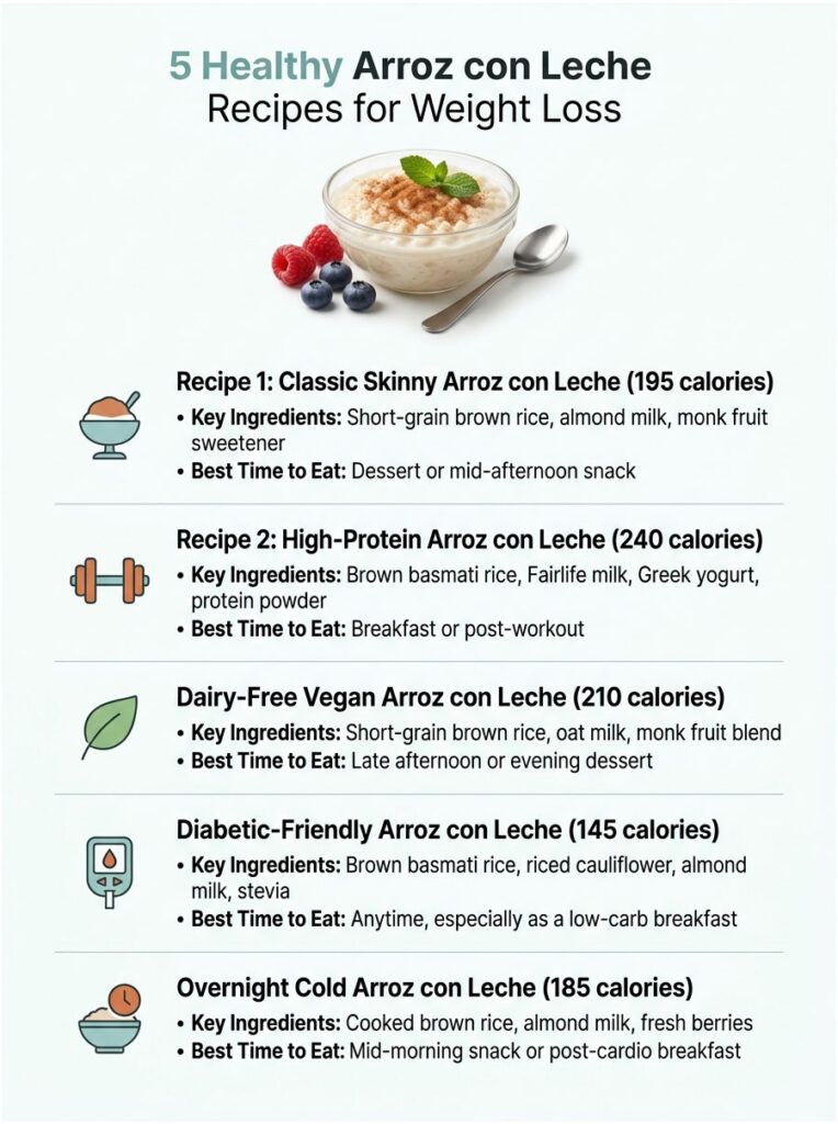 Infographic showing 5 healthy Arroz con Leche recipes with ingredients and calorie counts for weight loss.