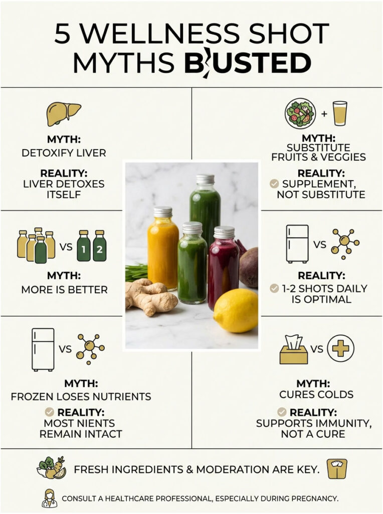 Infographic showing wellness shot myths and realities with colorful juice bottles and icons illustrating each point.
