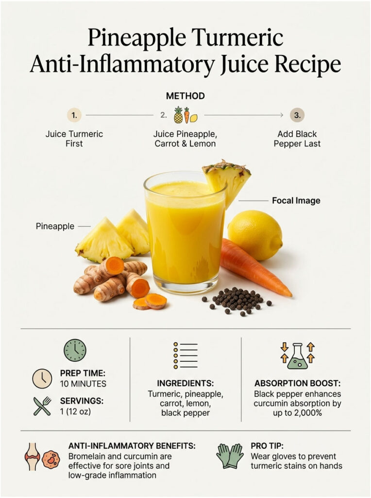 Pineapple turmeric juice recipe with ingredients, method, and benefits displayed visually. Infographic.