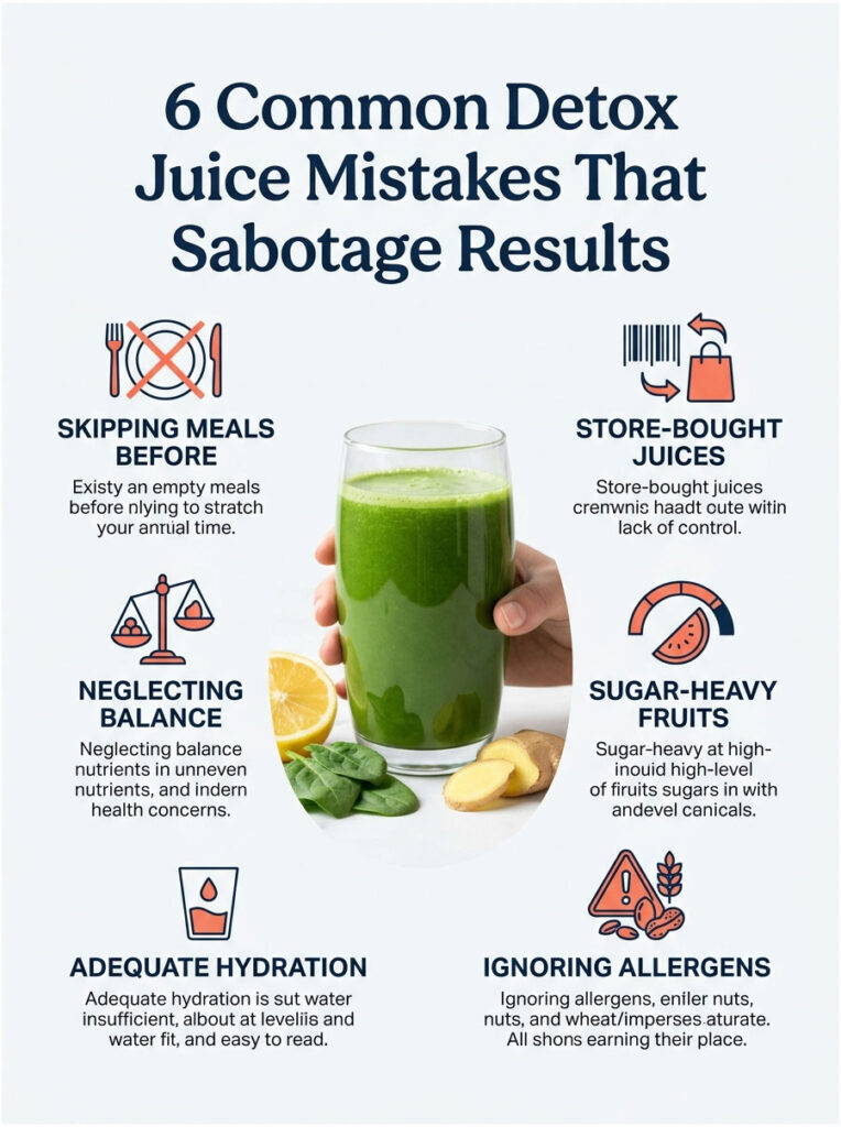 Infographic showing 6 common detox juice mistakes with illustrations and text about each mistake.
