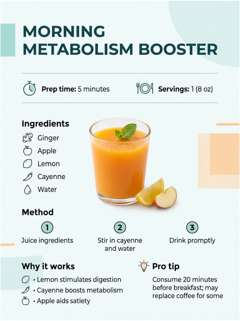 Morning metabolism booster recipe with ingredients, method, and benefits displayed in an infographic format.