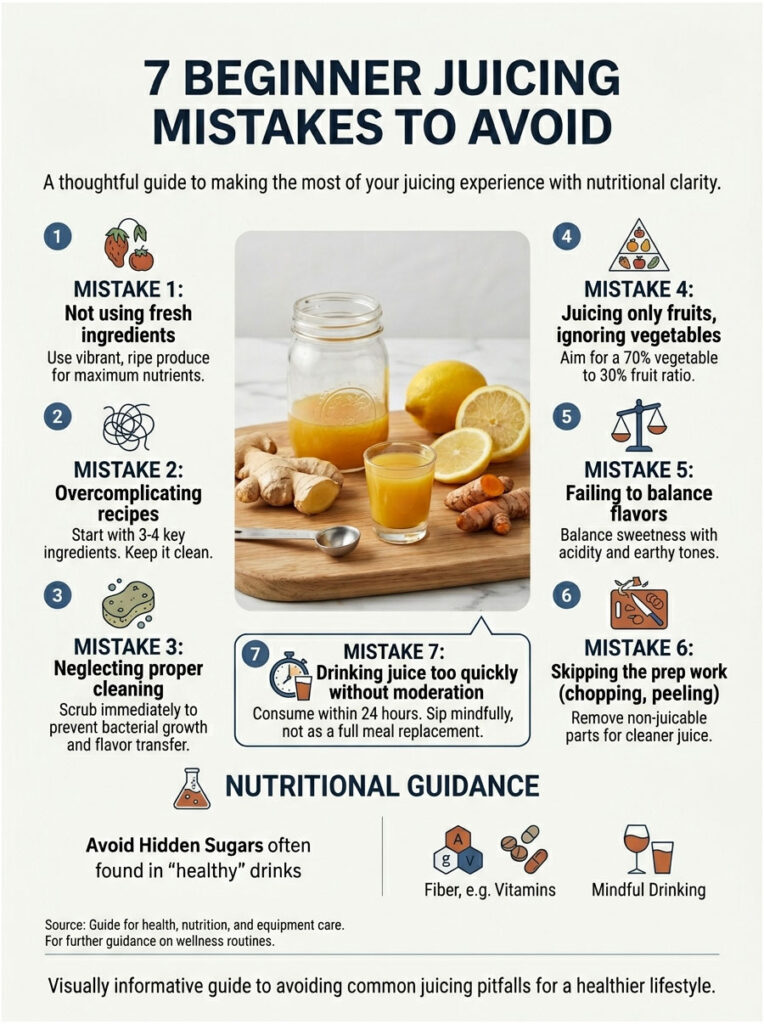 Infographic listing 7 beginner juicing mistakes to avoid with illustrations and tips for healthy juicing practices.