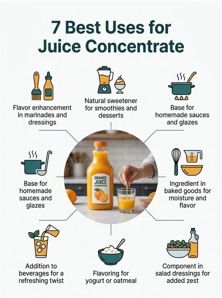 Infographic showing 7 uses for juice concentrate with icons and a bottle of orange juice.