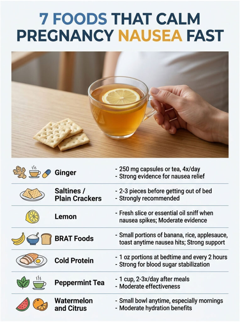Infographic showing 7 foods that calm pregnancy nausea, including ginger, saltines, and watermelon.