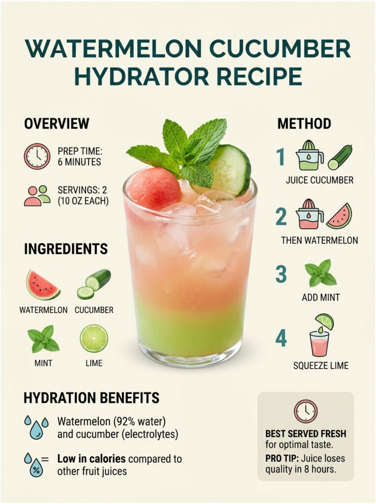 Infographic showing a watermelon cucumber hydrator recipe with ingredients, method, and hydration benefits.