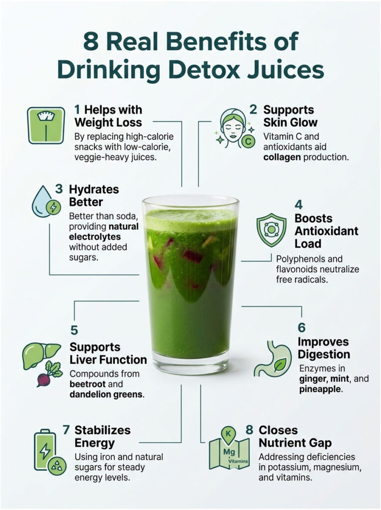 Infographic showing 8 benefits of drinking detox juices with green smoothie illustration and icons for each benefit.