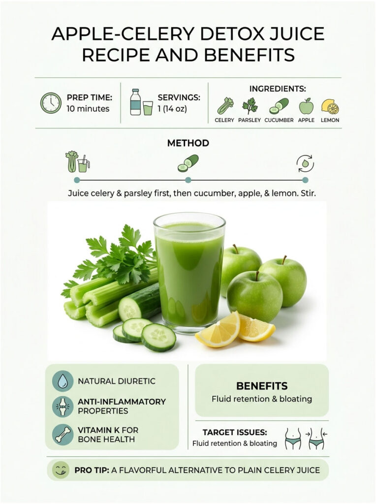 Infographic showing apple-celery detox juice recipe with ingredients, benefits, and preparation method.