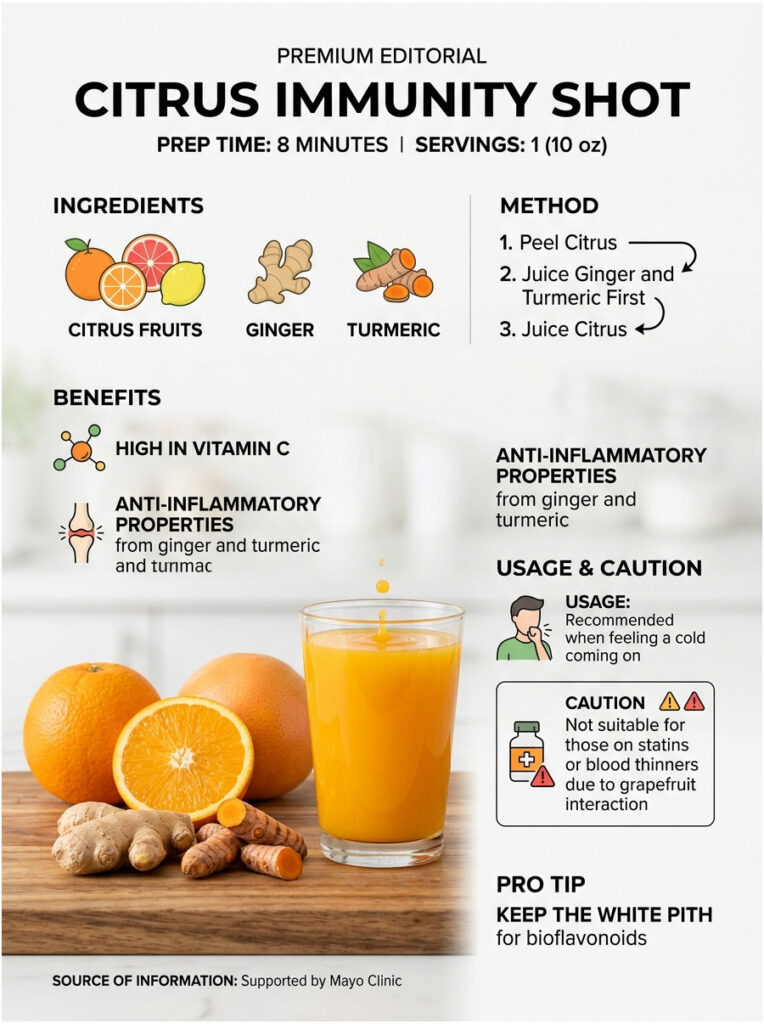 Infographic detailing Citrus Immunity Shot recipe with ingredients, benefits, and preparation method.