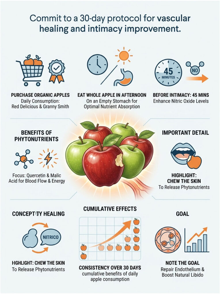 Infographic detailing a 30-day protocol for vascular healing with apples, including benefits and consumption tips.
