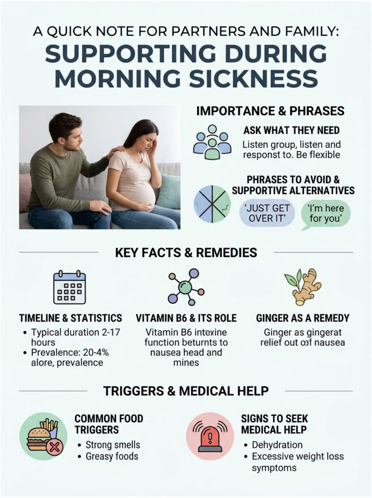 Infographic on supporting partners during morning sickness with tips, statistics, and remedies.