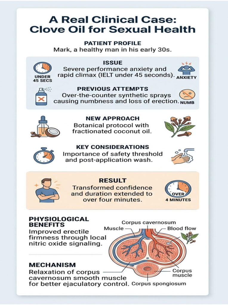 Infographic detailing a clinical case of clove oil for sexual health, including patient profile and results.