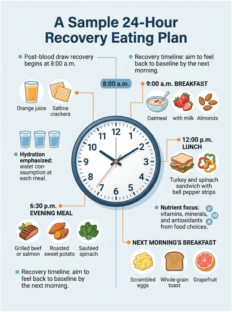 Infographic showing a 24-hour recovery eating plan with meals and hydration tips at specific times.