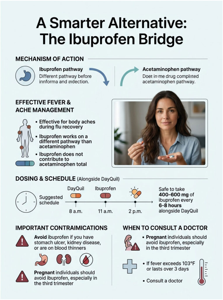 Infographic explaining the Ibuprofen Bridge for fever and ache management, including dosing schedule and contraindications.