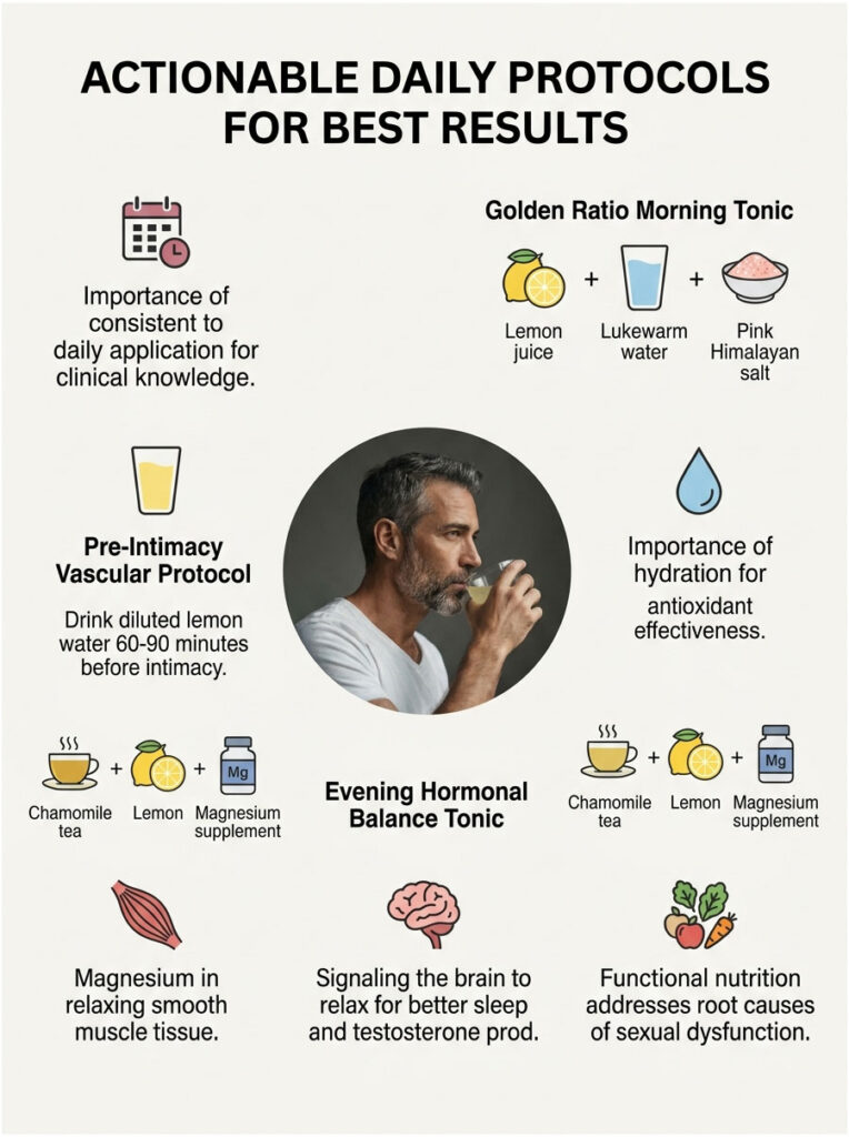 Infographic detailing daily health protocols with charts on tonics and hydration for best results.