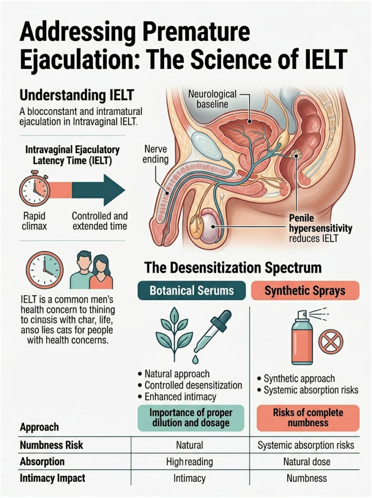 Infographic explaining Intravaginal Ejaculatory Latency Time with illustrations, charts, and key points on desensitization methods.