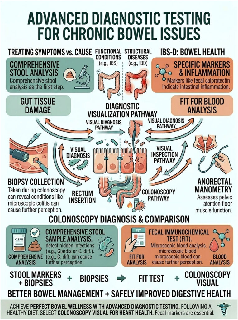 Infographic detailing advanced diagnostic testing for chronic bowel issues, including charts and icons for analysis methods.