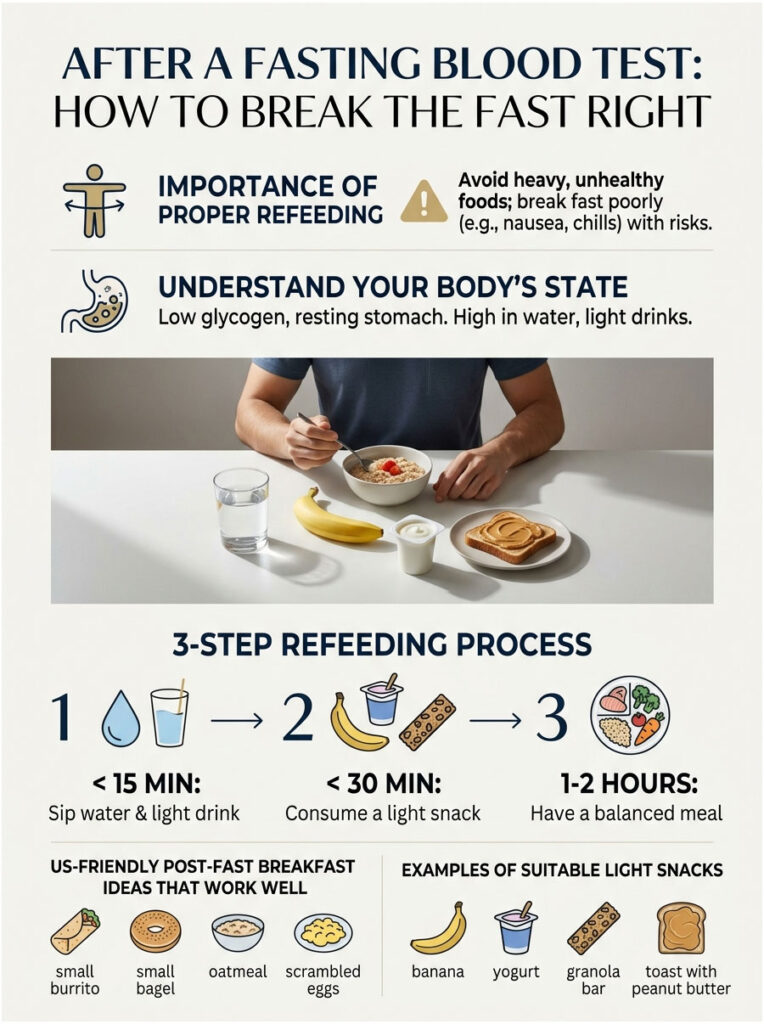 Infographic on breaking a fast after blood test, showing refeeding steps and food suggestions.
