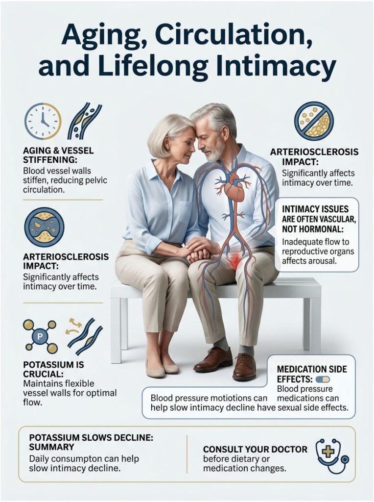 A couple sitting closely, with labeled illustrations showing blood circulation and intimacy issues related to aging. Infographic.