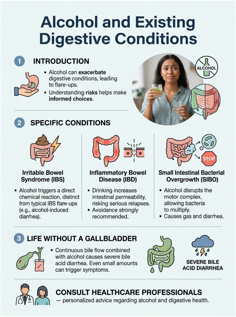 Infographic explaining alcohol's effects on digestive conditions with icons and text on IBS, IBD, and SIBO.