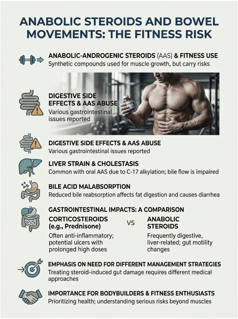 Infographic detailing anabolic steroids and bowel movements, highlighting digestive side effects and risks for bodybuilders.