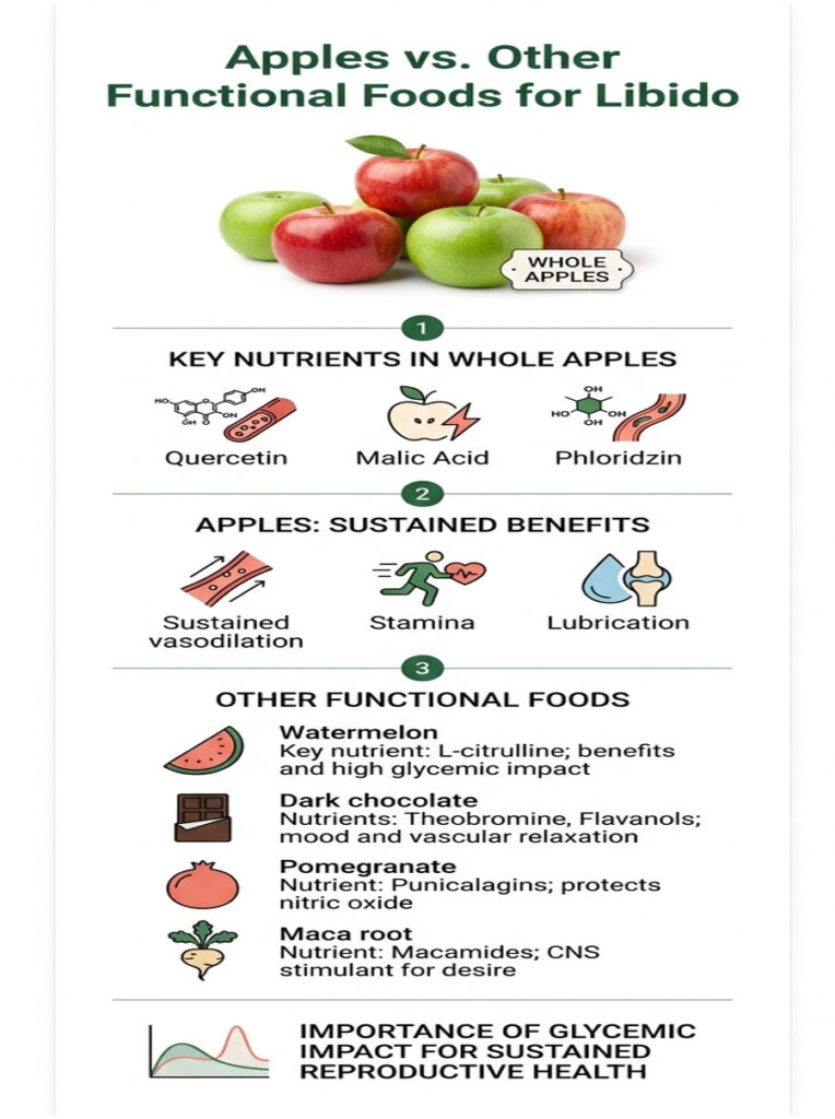 Infographic comparing apples and other functional foods for libido, highlighting key nutrients and benefits.