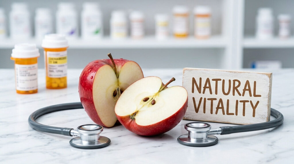 A sliced red apple and a sign reading "Natural Vitality" on a marble surface with stethoscopes and medicine bottles in the background.