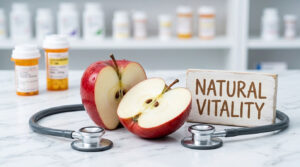 A sliced red apple and a sign reading "Natural Vitality" on a marble surface with stethoscopes and medicine bottles in the background.
