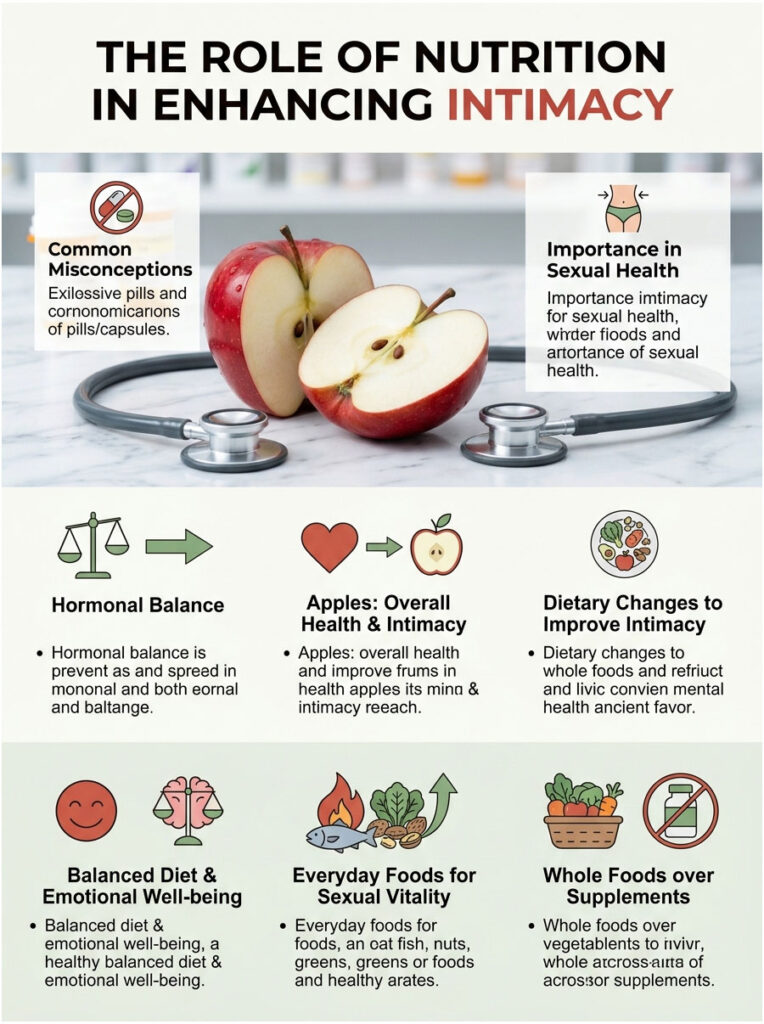 Infographic showing the role of nutrition in enhancing intimacy with apples, dietary changes, and health tips.