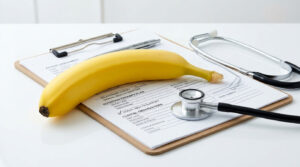 A yellow banana rests on a patient assessment form next to a stethoscope and pen.