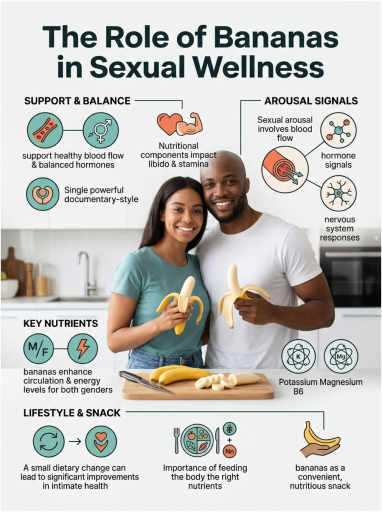 Infographic showing the role of bananas in sexual wellness with charts and icons about nutrients and health benefits.