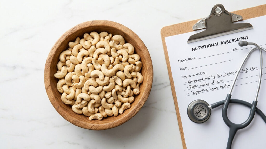 A wooden bowl filled with cashews beside a nutritional assessment form and a stethoscope on a marble surface.