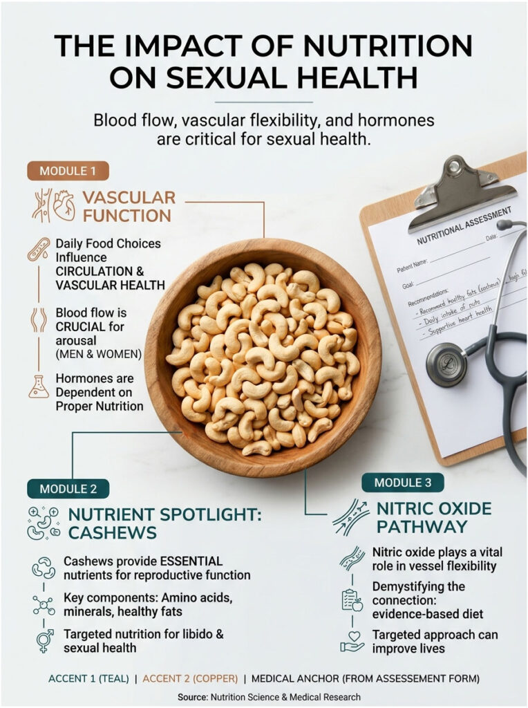 Infographic on nutrition's impact on sexual health, featuring cashews and vascular function details.