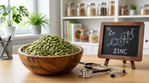 A wooden bowl filled with green pumpkin seeds sits next to a chalkboard displaying zinc's chemical structure.