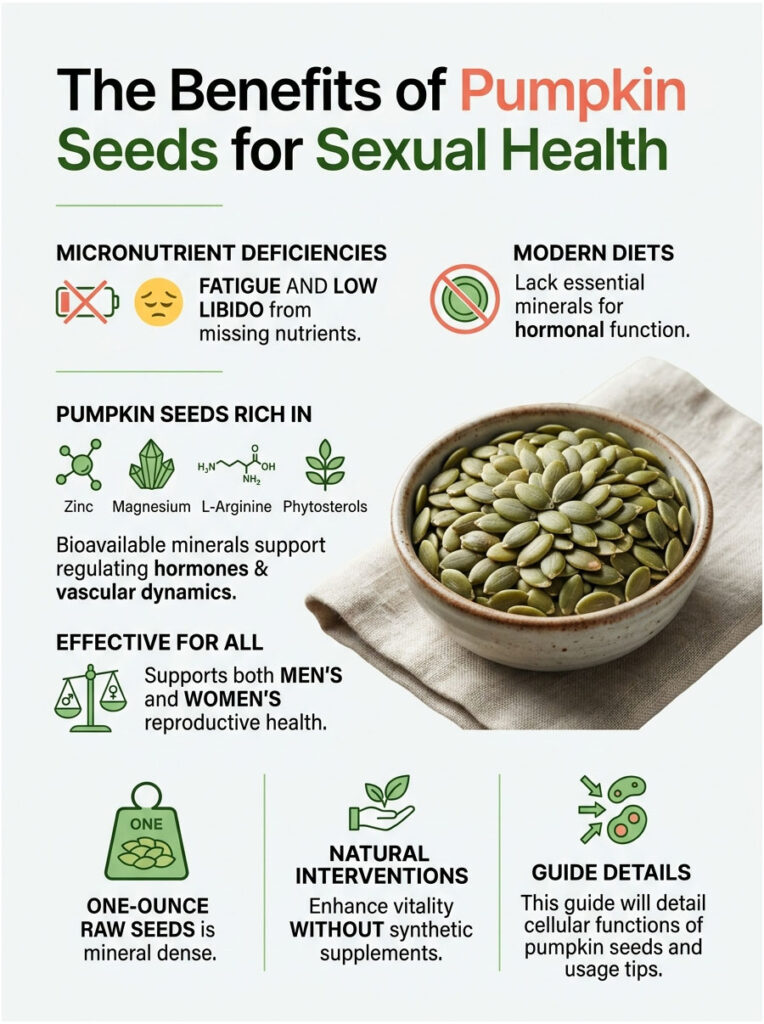 Infographic showing benefits of pumpkin seeds for sexual health, including nutrients and health effects.