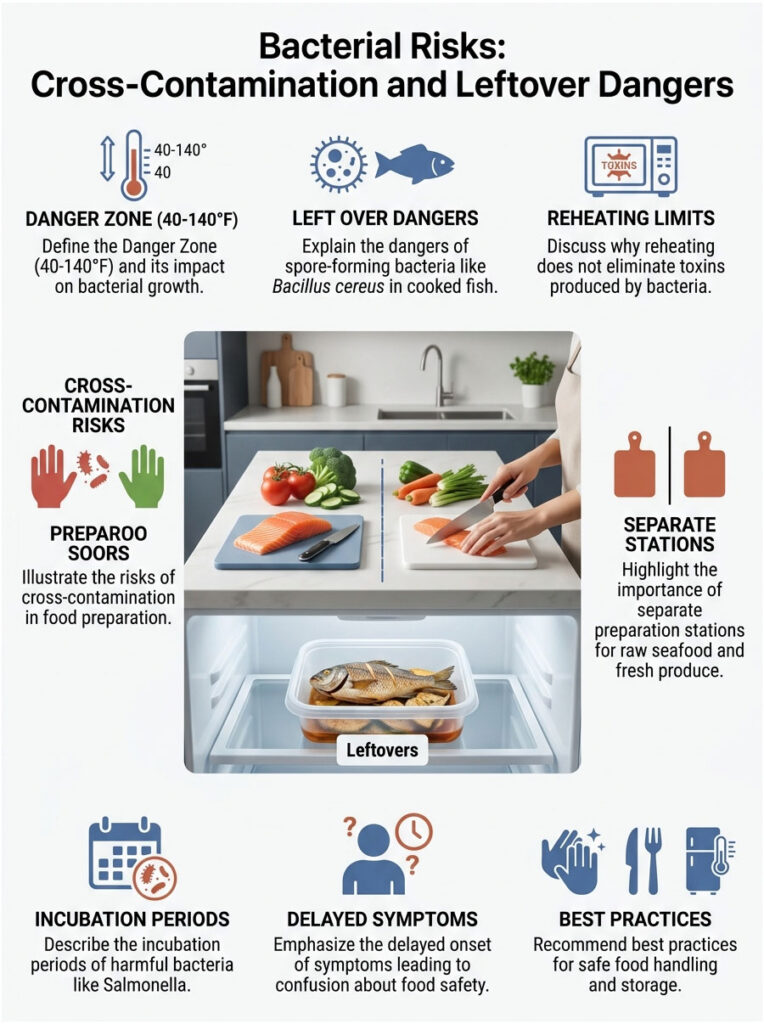 Infographic showing bacterial risks in food safety, including charts on danger zones and cross-contamination risks.