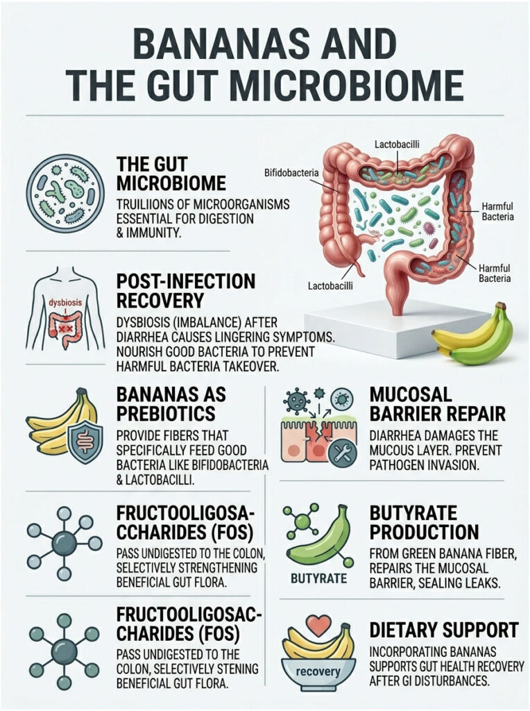 Infographic showing bananas' role in gut microbiome health, including bacteria types and recovery benefits.
